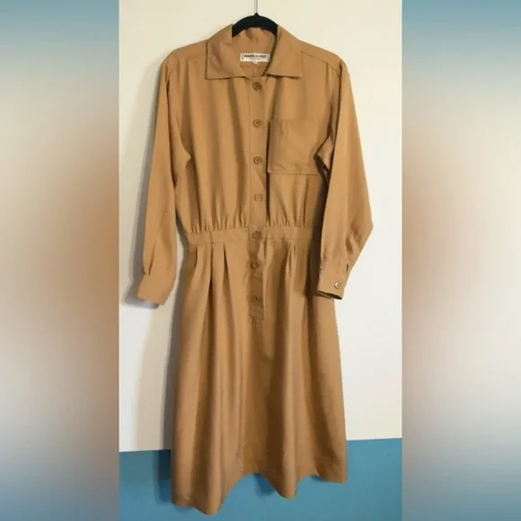 Vintage YSL Rive Gauche Tan Raw Silk Shirt Dress FR 42 US 8/10 - Picture 5 of 15